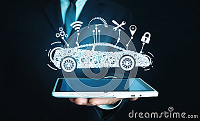 Man holding digital tablet. Modern smart car. Transportation, Technology Concept Stock Photo