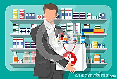 Man holding drugstore bag in front of pharmacy Vector Illustration