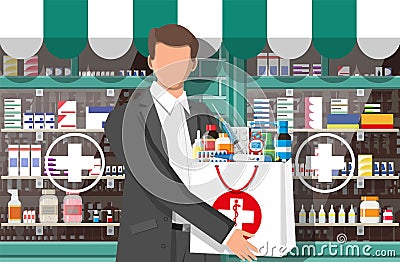 Man holding drugstore bag in front of pharmacy Vector Illustration