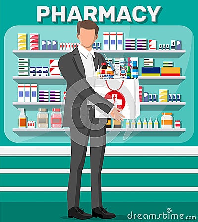 Man holding drugstore bag in front of pharmacy Vector Illustration