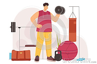 Man holding dumbbell for weight sport exercises, active strong person training muscles Cartoon Illustration