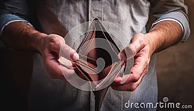 A man holding an empty brown wallet with both hands. Generative AI Stock Photo