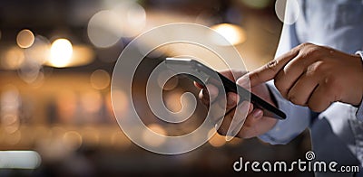 Man holding en hands and using digital tablet Mobile Phone telephone with blank copy space scree Stock Photo