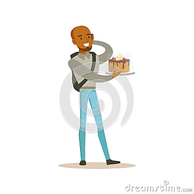 Man Holding Festive Birthday Cake Bought In Bakery Shop Speaking On His Mobile Phone Vector Illustration Vector Illustration