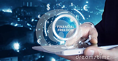 Man holding financial freedom text. Stock Photo