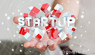 Man holding floating 3D render startup presentation with cube Stock Photo