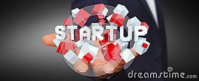 Man holding floating 3D render startup presentation with cube Stock Photo