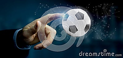 Man holding a Football ball and connection 3d renderin Stock Photo