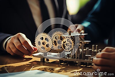 Man holding gear in hands. Teamwork metallic silver equipment industrial progress engineering machine mechanical cog Stock Photo