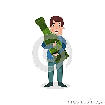 Man holding giant bottle of alcohol, harmful habit and addiction cartoon vector Illustration Vector Illustration