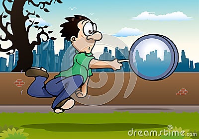 Man holding giant magnifier Stock Photo