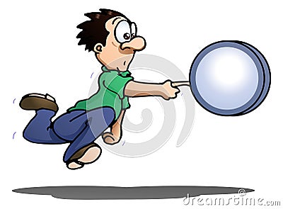 Man holding giant magnifier on isolated white Stock Photo