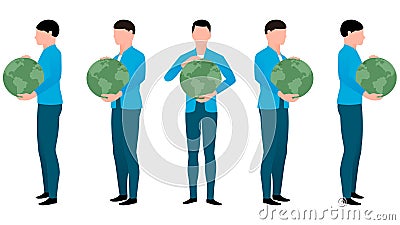 Man holding globe in hand, character vector drawn from multiple angles Vector Illustration