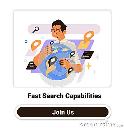 Man holding globe with location markers representing global search capabilities surrounded by search icons and abstract Vector Illustration