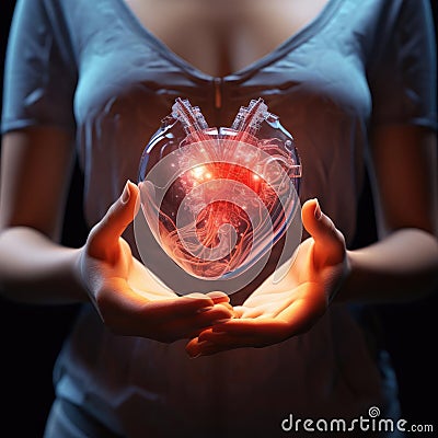 Man Holding Glowing Artificial Heart Stock Photo