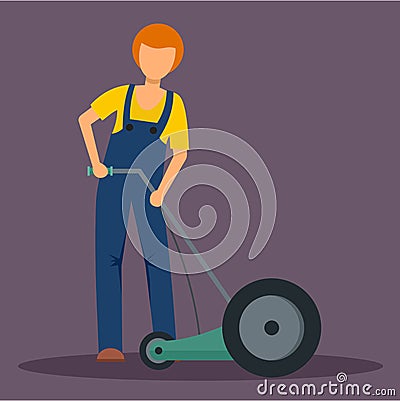 Man holding grass cutter icon, flat style Vector Illustration