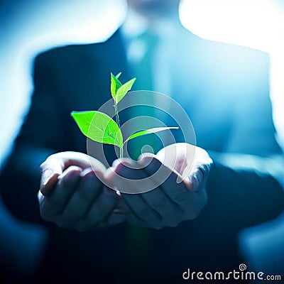 Man holding a green potted plant in his hands illuminated by sunlight, Ai-generated Stock Photo