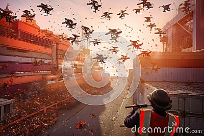 a man holding a gun in a city with helicopters Stock Photo