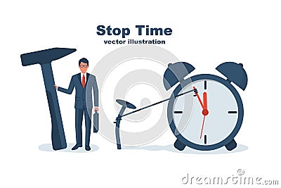 Man holding a hammer in hand drives a nail to stop time Cartoon Illustration
