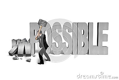 Man holding hammer to crack impossible 3D concrete word Stock Photo