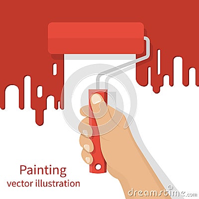 Man holding in hand roller Vector Illustration