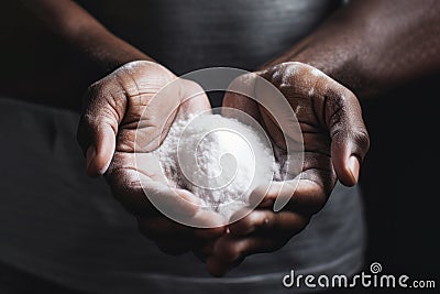 Man holding handful white salt closeup shot on dark background Stock Photo