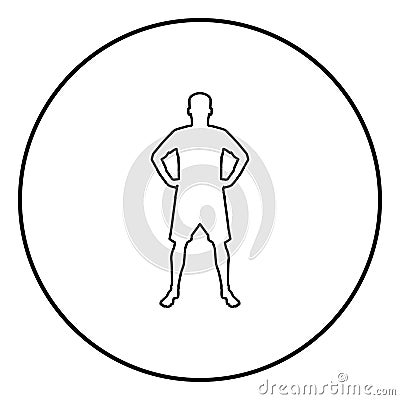 Man holding hands on belt confidence concept silhouette manager business icon black color illustration in circle round Vector Illustration