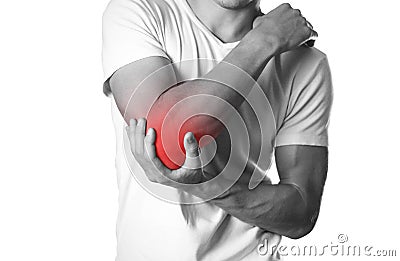 A man holding hands. Pain in the elbow. The hearth is highlighted in red. Close up. Isolated on white background Stock Photo