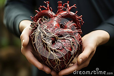A man holding a heart in his hands. Cardiological health concept Stock Photo