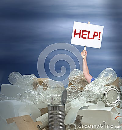 Man holding Help! sign in giant pile of recyclable containers products representing environmental challenges Stock Photo