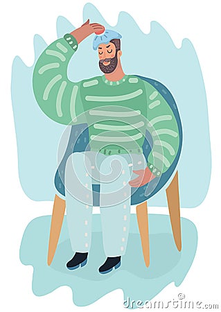 Man holding hot-water bottle on his head. Migraine Vector Illustration