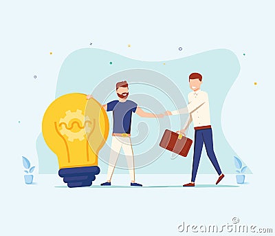 The man is holding a huge light bulb and shaking hands with a businessman with briefcase. Startup and search investments Vector Illustration