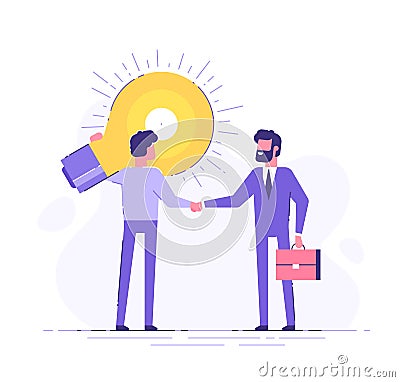 The man is holding a huge light bulb and shaking hands with a businessman with briefcase. Startup and search of investments Vector Illustration