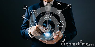 man holding icon cloud computing diagram show on hand. data center storage.cloud tech.secure backup and consistency network and Stock Photo