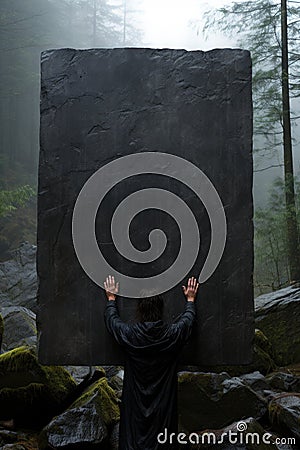 A man props up a large stone in the woods, AI Stock Photo