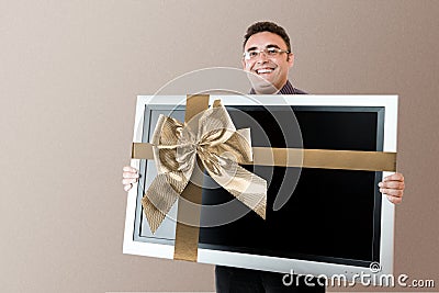 Man holding lcd tv Stock Photo