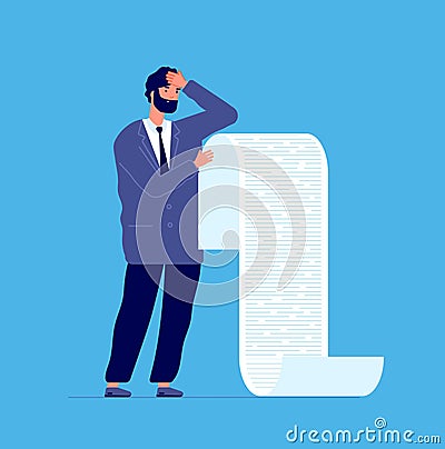 Man holding long list. Businessman debt scroll, manager reading reporting bank or lawyer. Male with bankruptcy paper Vector Illustration