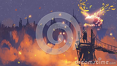 Man holding magic torch against city with orange smoke Cartoon Illustration