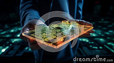 Man holding a mobile with a hologram map of a cityscape. Made with Generative AI. Stock Photo