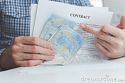 Man holding money and contract gesture middle finger. Stock Photo