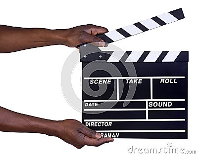 Man holding movie production clapper board Stock Photo