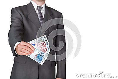 Man holding out Euro banknotes Stock Photo