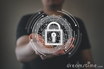 Man holding padlock network globe icon in hand on virtual screen. Cyber security, data encryption, business information privacy, Stock Photo
