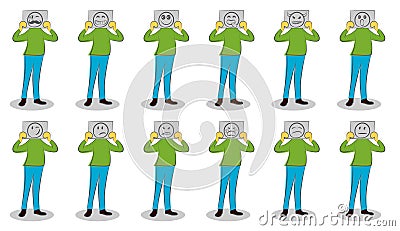 Businessman holding papers with different emotions. The motivation for hiding emotions. Set of fake emotions. Man pretend he wasn Vector Illustration