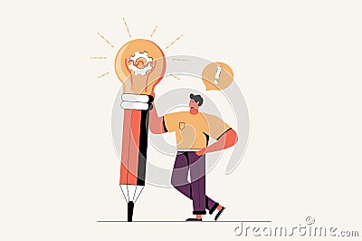 Man holding pencil with glowing lightbulb. Concept of creativity, creative thinking, innovative idea, innovation Cartoon Illustration