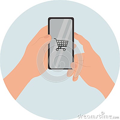 Man holding phone make order by internet, online shopping with bascet icon, vector illustration Vector Illustration