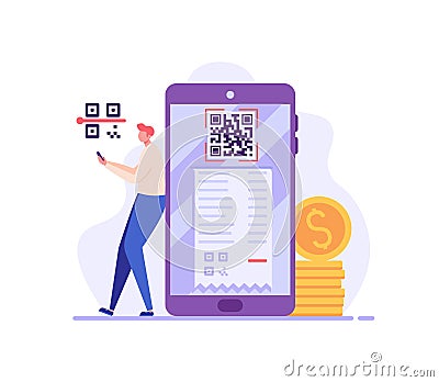 Man holding phone with QR sign. User scanning QR-code with phone for payment. Concept of QR code, mobile scanner, e-payment, qr Vector Illustration
