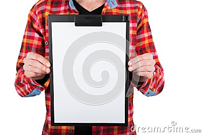 A man holding plastic clipboard Stock Photo