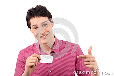 Man holding and pointing to a business card. Stock Photo