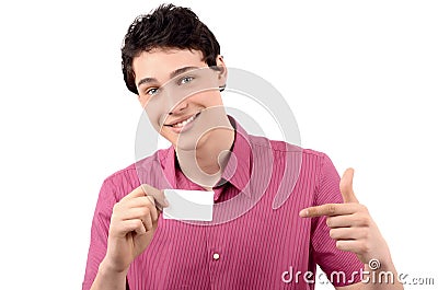 Man holding and pointing to a business card. Stock Photo